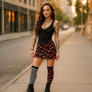 W.I.A ✦ Devil Open Sides Mini Skirt ✦ Black Red 666 Print Adjustable Ties L NWT